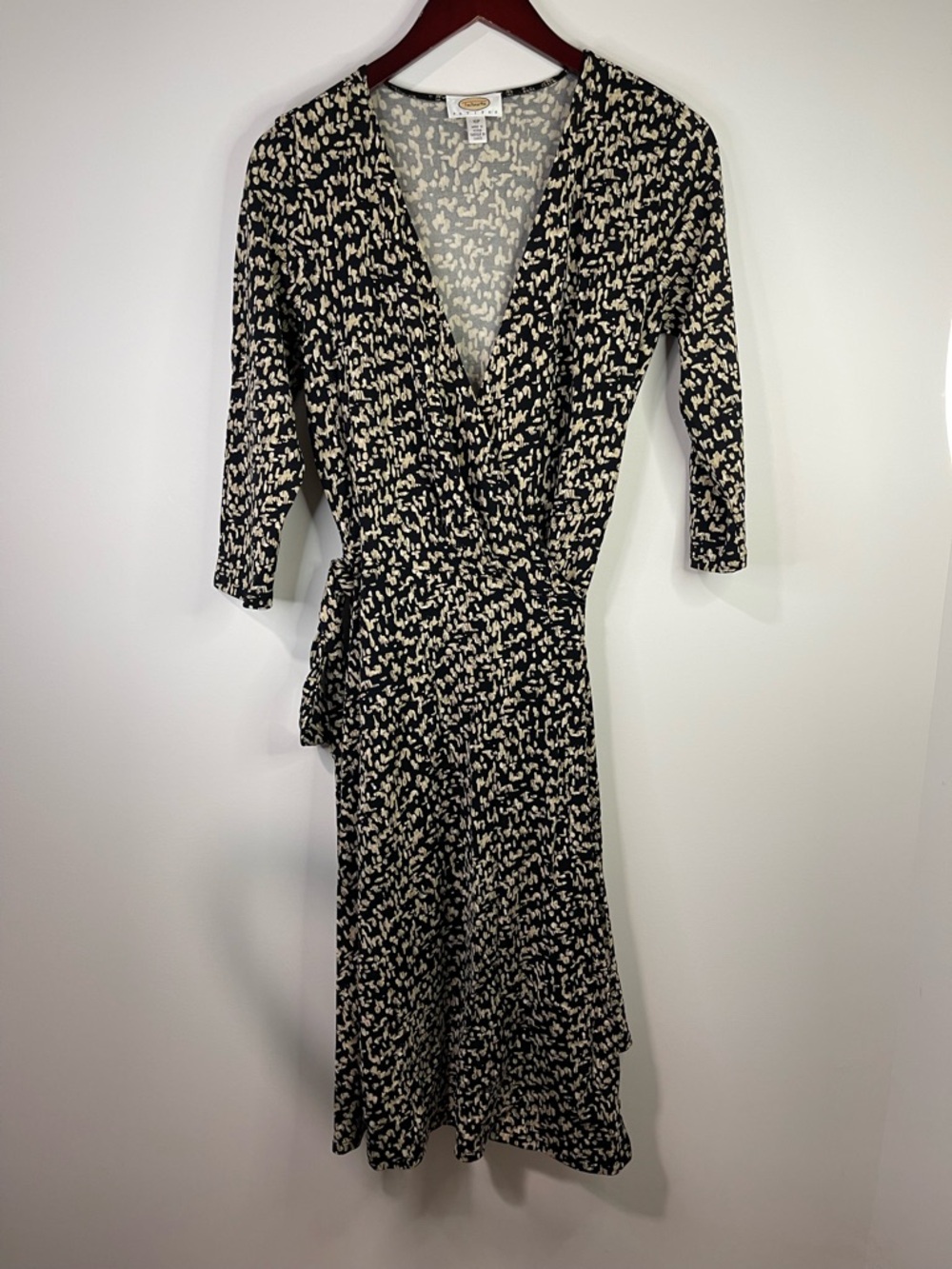 Talbots Black & Cream Abstract Wrap Midi Dress